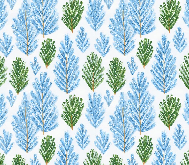 May include: A repeating pattern of stylized evergreen branches in shades of blue and green on a white background. The branches are painted with visible brushstrokes, creating a textured appearance. The design evokes a winter or holiday theme.