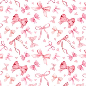 Könnte beinhalten: Ein sich wiederholendes Muster aus rosa Schleifen und kleinen rosa Herzen auf weißem Hintergrund. Die Schleifen variieren in Größe und Stil, einige weisen ein Vichy-Muster auf. Der Aquarellstil wirkt weich und zart.