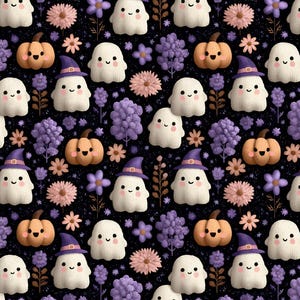 May include: A repeating pattern featuring smiling ghosts, pumpkins, flowers, and foliage in shades of white, orange, purple, and pink on a black background. Some ghosts wear purple witch hats. The design is whimsical and festive.