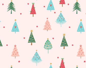 Pink Christmas Tree printed cotton fabric, width 55inches, Optional length available Christmas Tree Cotton Fabric