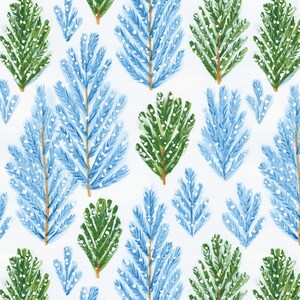 May include: A repeating pattern of stylized evergreen trees in shades of blue and green with white accents. The trees are painted on a white background, creating a festive and wintery design.