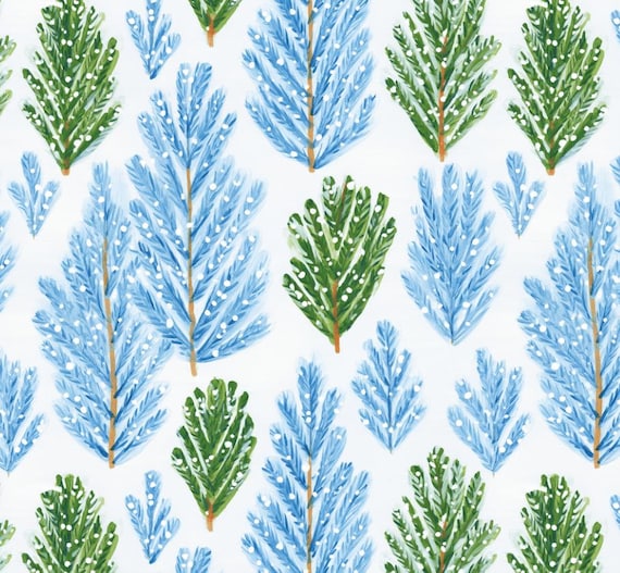 Blue and Green Pine Branch printed cotton fabric, width 55inches, Optional length available  Cotton Fabric