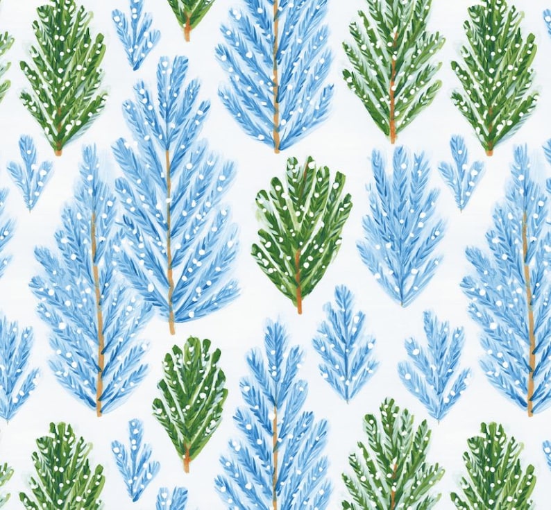 May include: A repeating pattern of stylized evergreen trees in shades of blue and green with white accents. The trees are painted on a white background, creating a festive and wintery design.