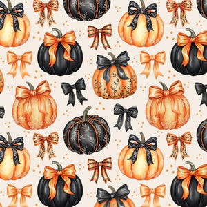 May include: A repeating pattern of watercolor pumpkins and bows in shades of orange, black, and cream. The pumpkins have decorative bows and some have leaf-like designs. The bows are in various sizes and styles, creating a festive fall theme.