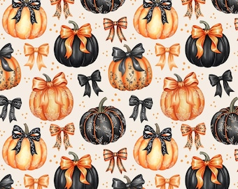Black Bow Pumpkin printed cotton fabric, width 55inches, Optional length available Bow Pumpkin Cotton Fabric