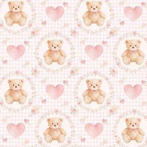 May include: A repeating pattern featuring watercolor teddy bears with pink bows, surrounded by floral wreaths and pink hearts. The background is a light pink and white gingham check.