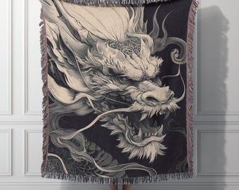 Chinese Dragon Woven Blanket, Mythical Anime Dragon Tapestry, Dark Fantasy Wall Hanging