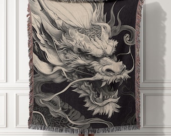 Chinese Dragon Woven Blanket, Mythical Anime Dragon Tapestry, Dark Fantasy Wall Hanging