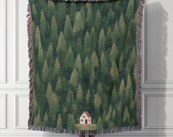 Forest Cabin Woven Blanket, Minimalist Woodland Landscape Tapestry, Rustic Nature Home Decor