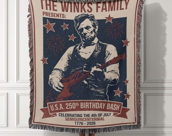Personalized 4th July Family Name Tapestry, Patriotic Lincoln Rocking Guitar Woven Blanket