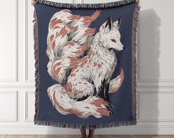 Japanese Anime Kitsune Woven Blanket, Nine-Tailed Fox Wall Tapestry, Dark Blue Throw