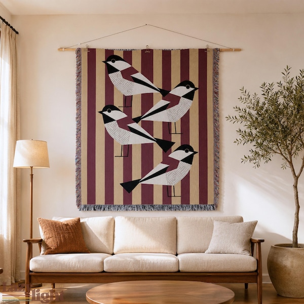 Mid Century Modern Bird Tapestry, Scandinavian Folk Art Woven Blanket, Geometric Chickadee Wall Hanging