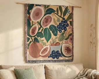 Botanische geweven deken Cottagecore vijgen, aardachtig dopaminedecor, gezellig wandtapijt boerderij