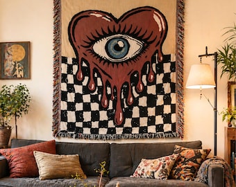 Surreal Melting Heart Wall Tapestry, Pop Art Checkerboard Blanket, Indie Alt Dorm Wall Hanging