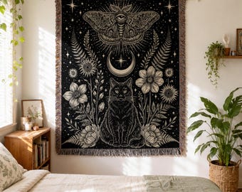 Black Cat Luna Moth Tapestry,  Witchy Celestial Woven Blanket, Mystical Moon and Botanical Decor
