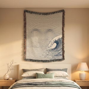 Minimalist Ocean Line Art Woven Blanket, Japandi Wave Wall Tapestry, Modern Beach House Decor