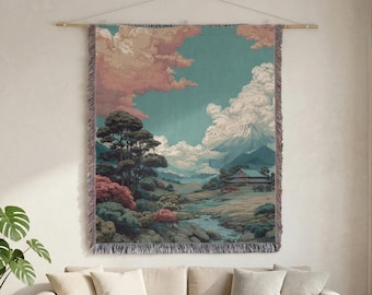 Japanese Landscape Woven Blanket, Mount Fuji Inspired Tapestry, Serene Nature Wall Hanging