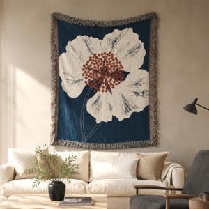 Mid Century Floral Wall Tapestry,  Abstract Flower Wall Hanging, Japandi Botanical Woven Blanket