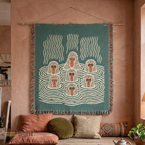 Snow Monkeys Hot Spring Woven Blanket, Mid Century Folk Art Tapestry, Japandi Decor