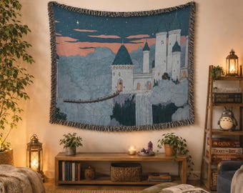 Japanese Anime Fantasy Castle Tapestry, Anime Dorm Decor, Reading Nook Woven blanket