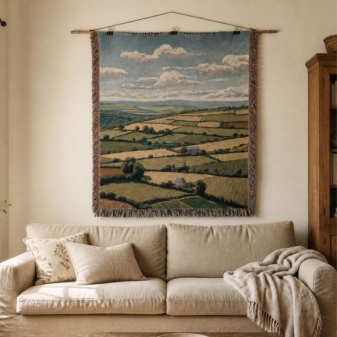 Countryside Landscape Wall Tapestry, Cottagecore Woven Blanket, Rustic ...