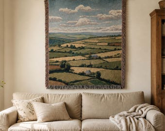 Countryside Landscape Wall Tapestry, Cottagecore Woven Blanket, Rustic Cabin Wall Hanging