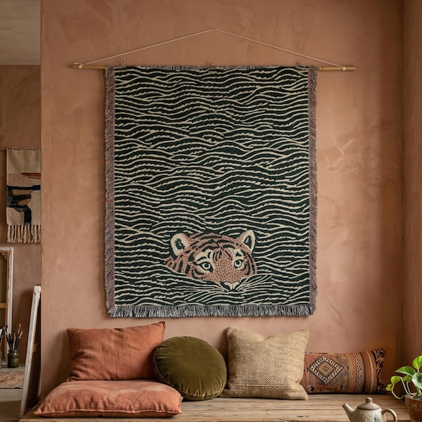 Tiger Swimming Wall Tapestry, Boho Animal Woven Blanket, Funky Home Decor