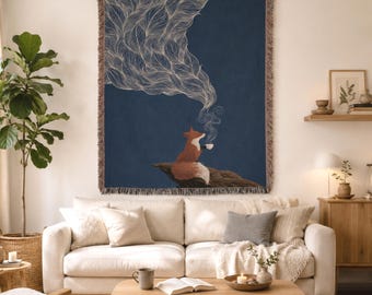 Peaceful Fox Woven Blanket, Woodland Animal Wall Tapestry, Reading Nook Decor, Book Lover Gift