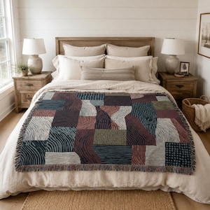 Abstract Earth Tone Woven Blanket, Modern Farmhouse Fall Decor, Patchwork Pattern Cotton Throw