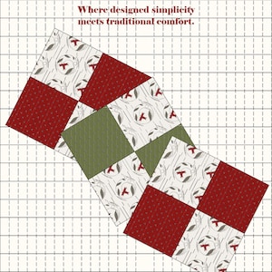 May include: A graphic featuring four quilt patches with a mix of red, green, and patterned fabric. The text "Four Patches: Where designed simplicity meets traditional comfort" is displayed. The image includes the website address www.nestlingsbyrobin.com.