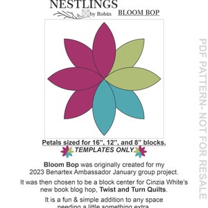 Può includere: Un modello di quilting per un blocco di fiori chiamato "Bloom Bop" progettato da Robin. Il modello è per blocchi da 16", 12" e 8". Il fiore è composto da petali turchesi, verdi e rosa. Il modello è disponibile per il download in PDF e non è destinato alla rivendita.