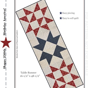 May include: A rectangular table runner featuring a star pattern in red and navy blue on a cream background. The runner measures 16.5 x 48.5 inches. The text "STAR TRIO" and "NESTLINGS by Robin" are displayed. The words "Happy 250th Birthday America!" are also visible.