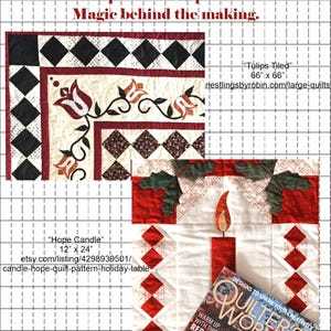 Può includere: Immagine di modelli di trapunte con il testo "Square in a Square: Magic behind the making." Mostra due disegni di trapunte: "Tulips Tiled" (168 cm x 168 cm) e "Hope Candle" (30 cm x 61 cm). È visibile anche una rivista intitolata "Quilter's World".