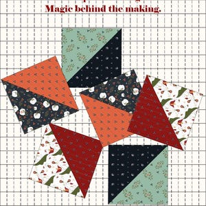 May include: A graphic featuring half-square triangles in various fabrics. The triangles are in shades of orange, red, black, and green, with floral and patterned designs. Text reads "Half-Square Triangles: Magic behind the making."