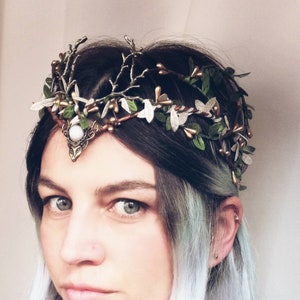 Original designed Handmade Etsy elf crown Deer with branches and Stones . Woodland crown for fantasy Fairy costume gold and Green .