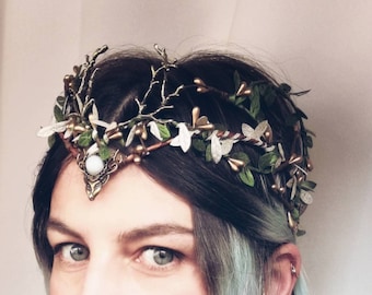 Original designed Handmade Etsy elf crown Deer with branches and Stones . Woodland crown for fantasy Fairy costume gold and Green .