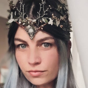 Original designed Handmade Etsy elf crown Deer with branches and Stones . Woodland crown for fantasy Fairy costume gold and Green .