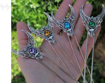 Deer Moon Hair Stick, Elven Gemstone Hair Accessory, Forest Wedding Pin