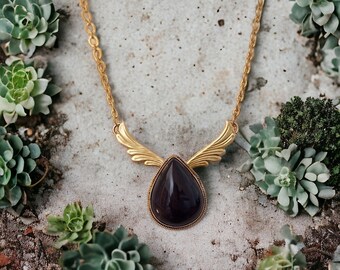 natural amethyst pendant, handmade brass pendant, teardrop-shaped amethyst pendant, gold wings pendant, handmade jewelry