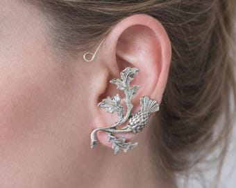 Schottische Distel Ohr Kletterer | Silberfarbene botanische Ohrmanschette, kein Piercing