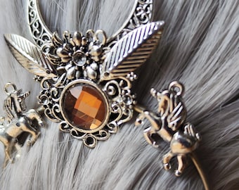 Crescent moon barrette with stick, circle hair pin with fairy or unicorn detail