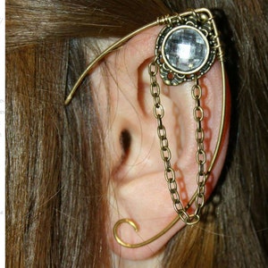 Handmade Elven ear cuff with chain detail, featuring moonstone, amethyst, or labradorite gemstones, no pierced ears required, elvish and Celtic inspired design