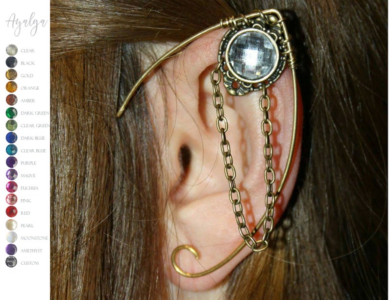 Handmade Elven ear cuff with chain detail, featuring moonstone, amethyst, or labradorite gemstones, no pierced ears required, elvish and Celtic inspired design