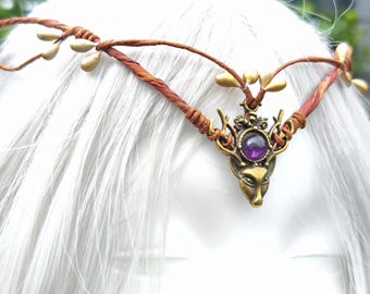Woodland Elf Tiara: Deer Crown with Gemstone, Fairycore Headpiece