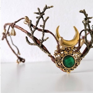 Tiara de elfo de luna dorada, diadema de cosplay dorada de ramas, corona de bruja
