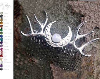 antler moon comb with moonstone- statement jewelry- hair pin - hair clip - antlers clip - antlers hair comb - triple moon - elven jewelry