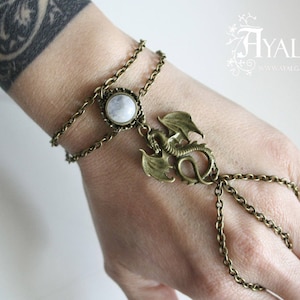 Handmade Dragon Bracelet Ring - Gothic Jewelry with Moonstone, Dragon Slave Bracelet, Fantasy and Medieval Inspired Jewelry