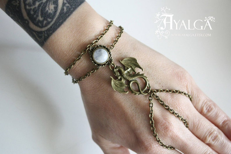 Handmade Dragon Bracelet Ring - Gothic Jewelry with Moonstone, Dragon Slave Bracelet, Fantasy and Medieval Inspired Jewelry