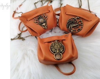 Leather bag-necklace with metallic decoration