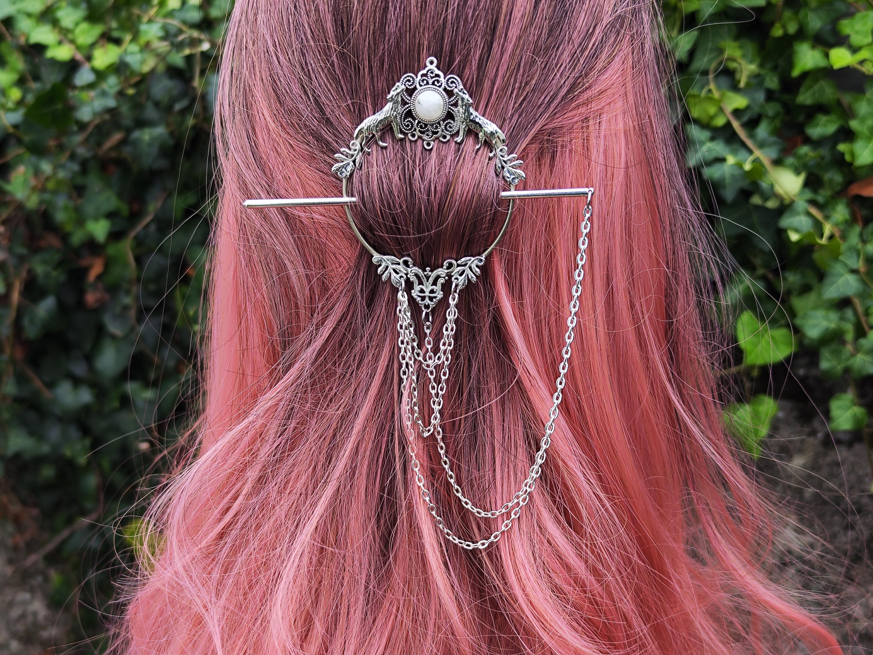 Handmade Wolf Hair Fork Comb - Boho Moonstone Hair Accessory